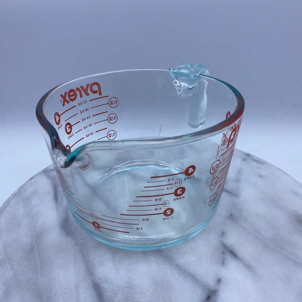 Pyrex 4 Cup Glass Measuring Cup Clear Red Markings 32oz Handle Spout USA Vintage